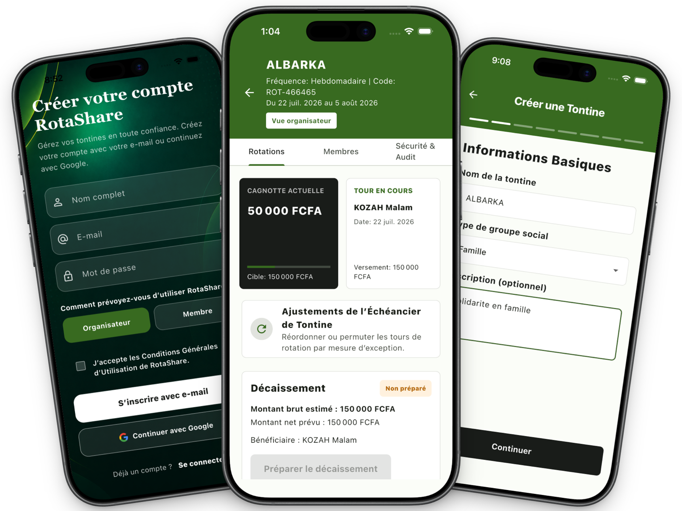 Écrans de l'application montrant la création de compte, le suivi d'une rotation de tontine et la création d'une nouvelle tontine