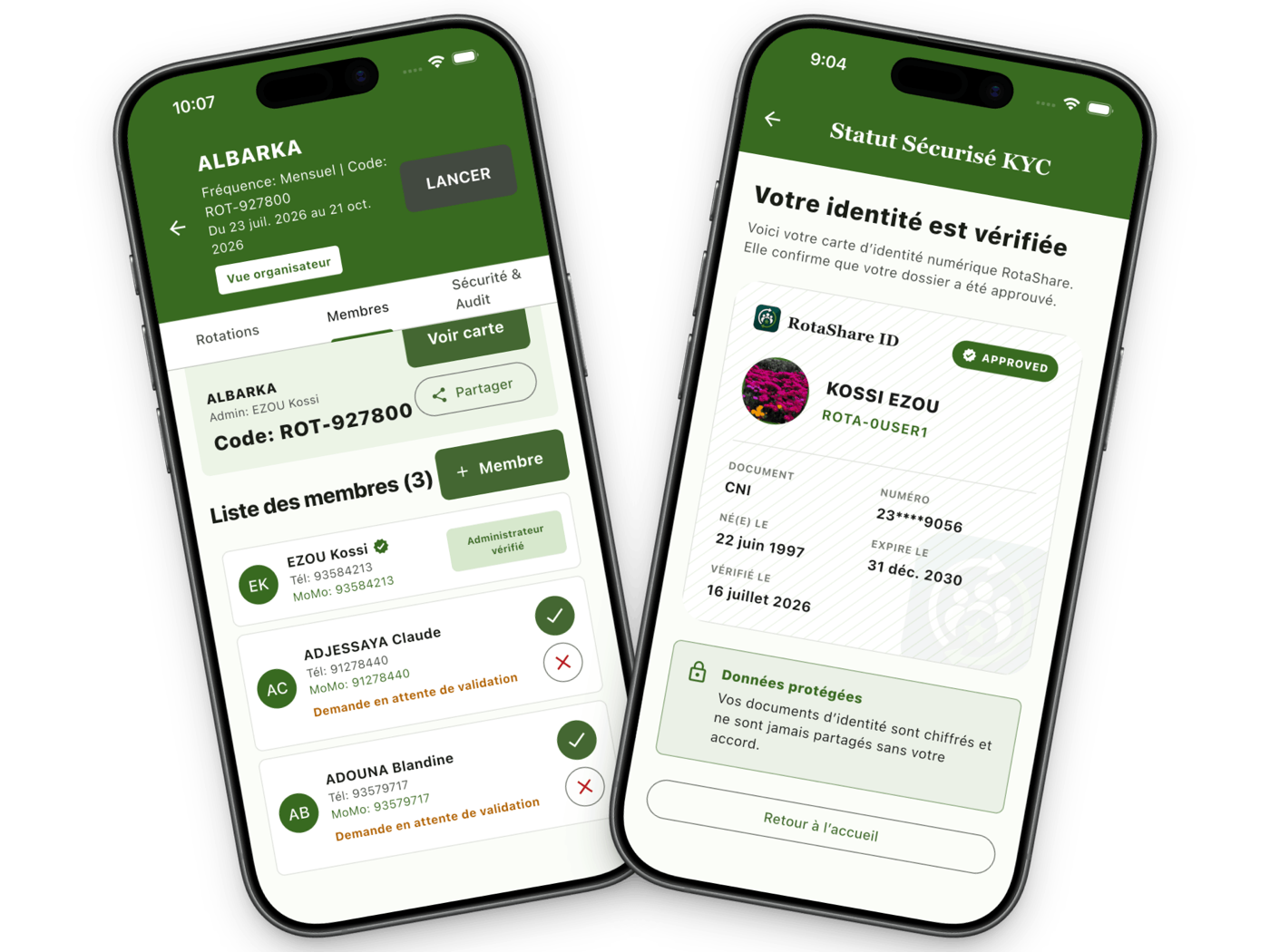 Écrans de l'application montrant la liste des membres vérifiés d'une tontine et une carte d'identité numérique RotaShare approuvée