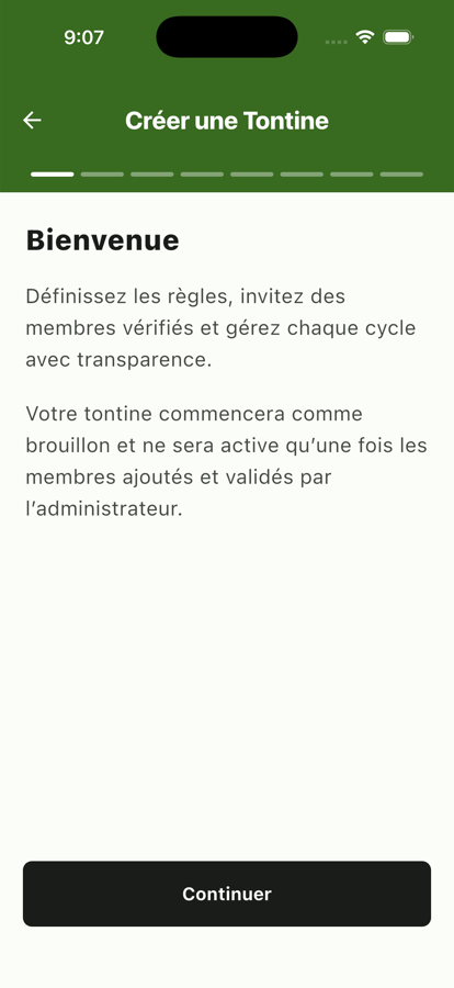 Écran « Bienvenue » de l'assistant de création d'une tontine RotaShare