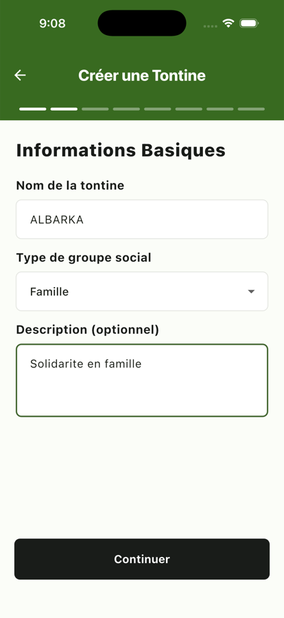 Écran « Informations Basiques » : nom, type de groupe et description de la tontine