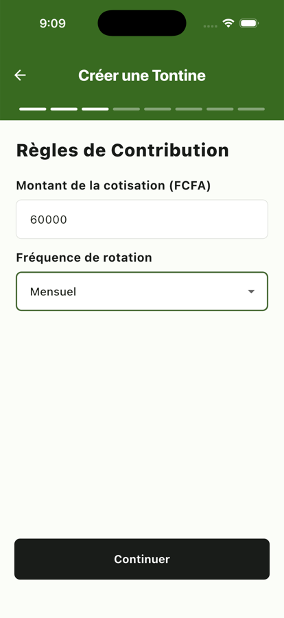 Écran « Règles de Contribution » : montant de la cotisation et fréquence de rotation