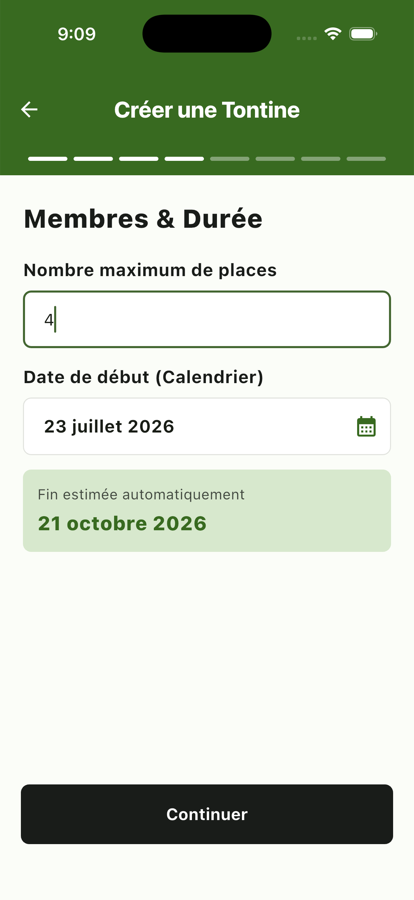 Écran « Membres & Durée » : nombre maximum de places et date de début