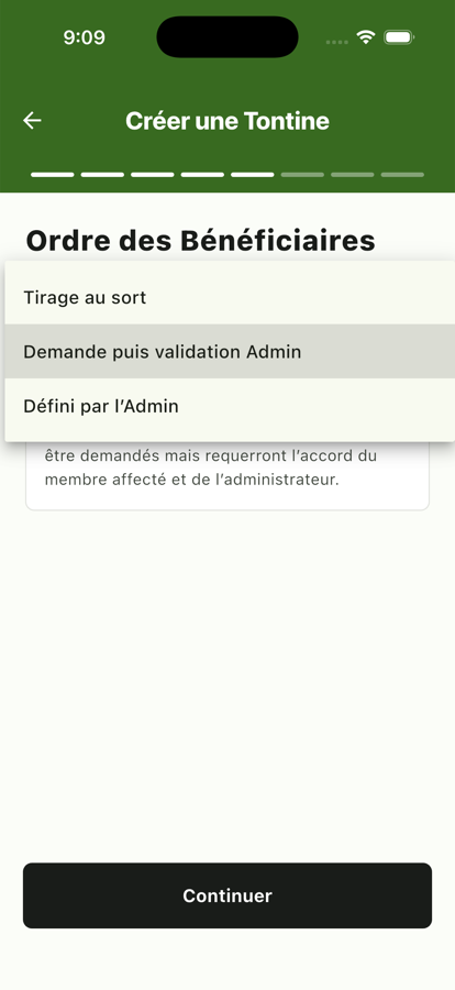 Écran « Ordre des Bénéficiaires » avec les options tirage au sort, demande et validation, ou ordre défini par l'administrateur