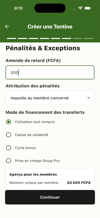Écran « Pénalités & Exceptions » : amende de retard et mode de financement des transferts