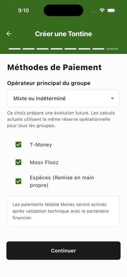 Écran « Méthodes de paiement » avec T-Money et Moov Flooz