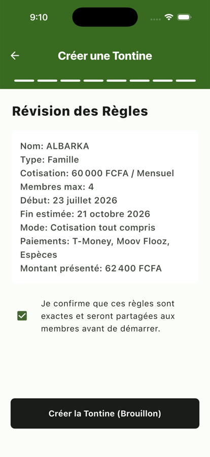 Écran « Révision des Règles » récapitulant la tontine avant sa création